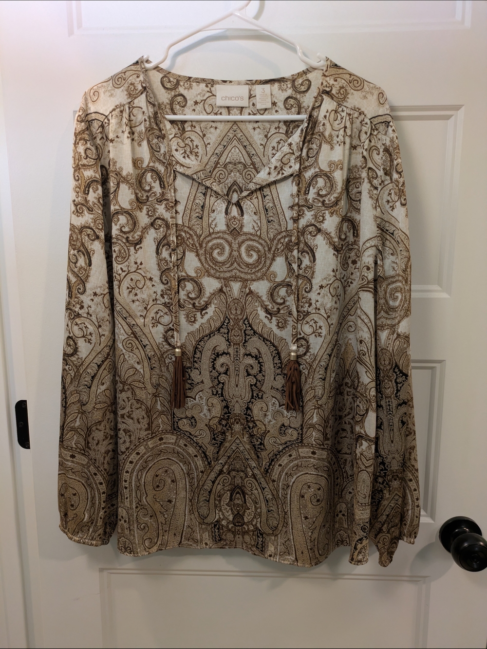Chico's Cream and Brown Paisley Tie-Neck Blouse